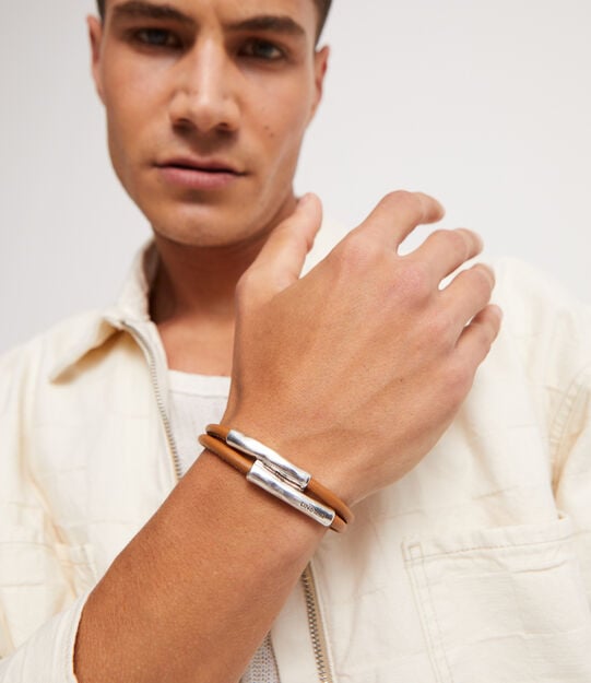 Double strand lether bracelet with two tubes, Silver, large